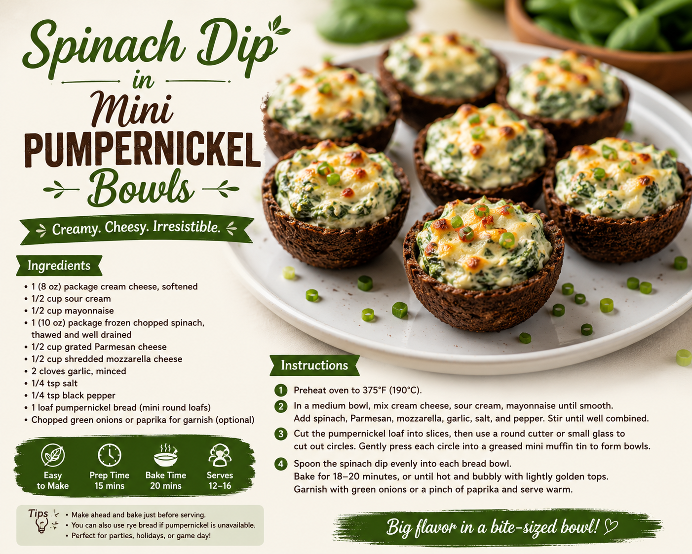 Spinach Dip in Mini Pumpernickel Bowls